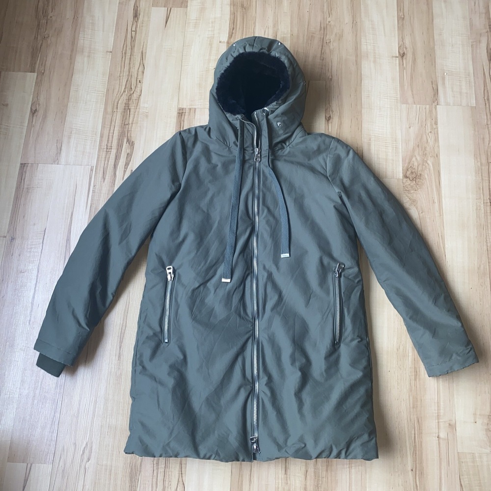 Zara Outerwear Womens Olive Green‎ Faux Fur Lined Hooded Parka Jacket Size Small
